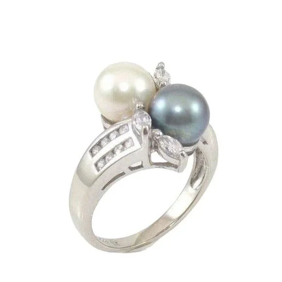 Solid 14K White Gold Pearl Clear CZ Ring Size 5.25